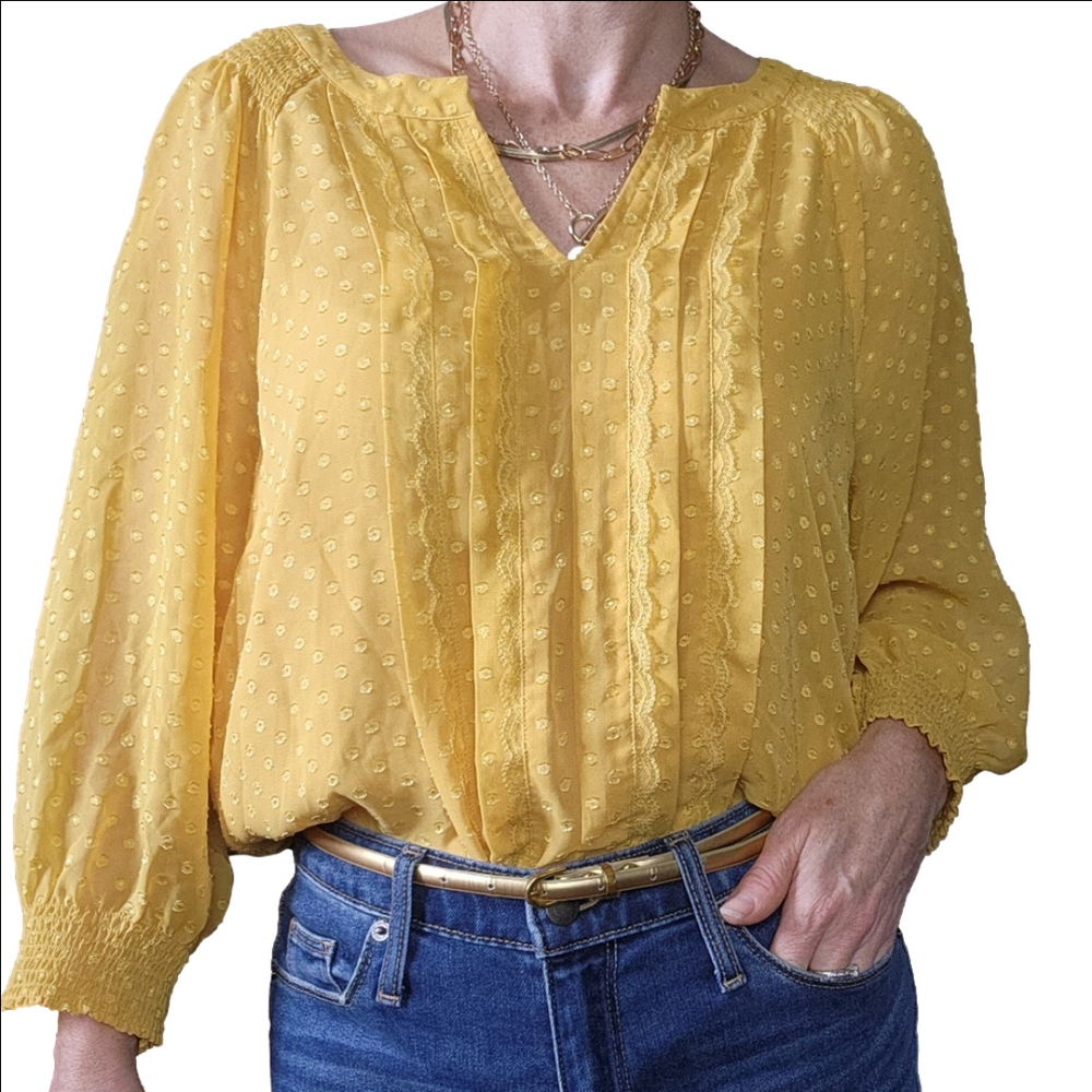 Blouse Shirred waist cuffs Textured 3/4 Puff sleeves Yellow CHRISTOPHER & BANKS
